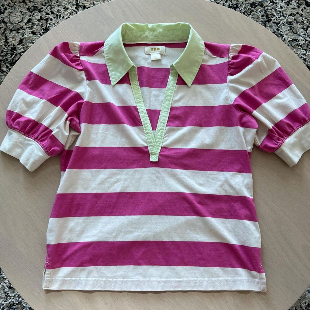 Anthropologie Maeve Rugby Stripe Puff Sleeve Polo Top Women's Small Pink White